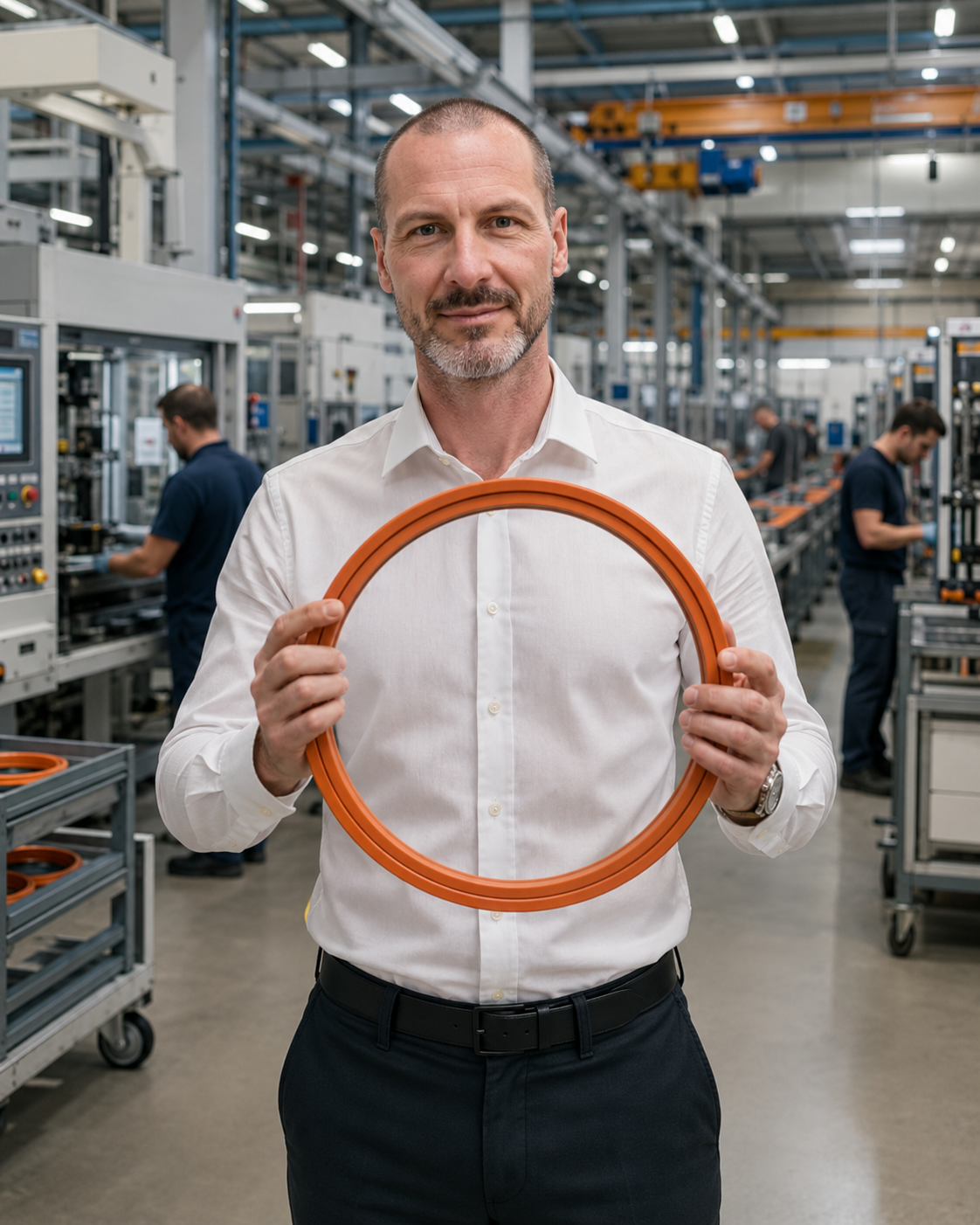 Daniel Geroldinger mit einer orangefarbenen Industriedichtung in einer Produktionshalle
