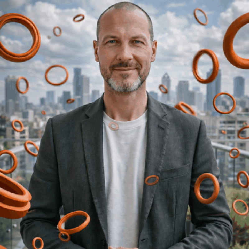 Daniel Geroldinger mit animierten orangefarbenen Industriedichtungen